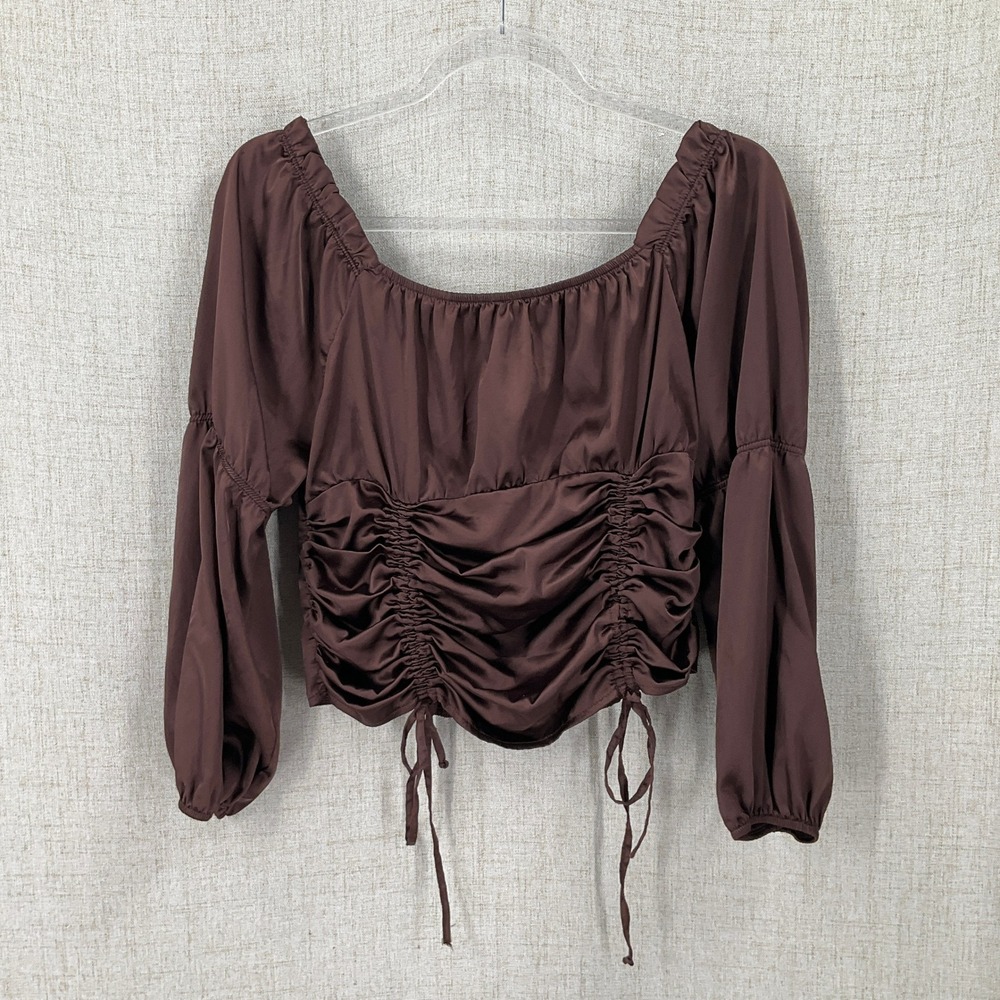Almost Famous Top Womens XL Brown Ruched Smocked Puff Sleeve Crop Boho Coquette